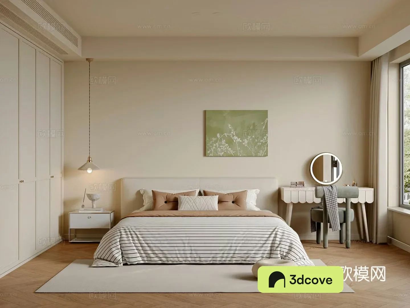 Modern creamy bedroom master bedroom double bed wardrobe dressing table hanging painting