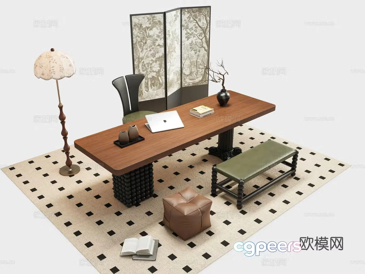 French retro desk and chair combination 3D model
