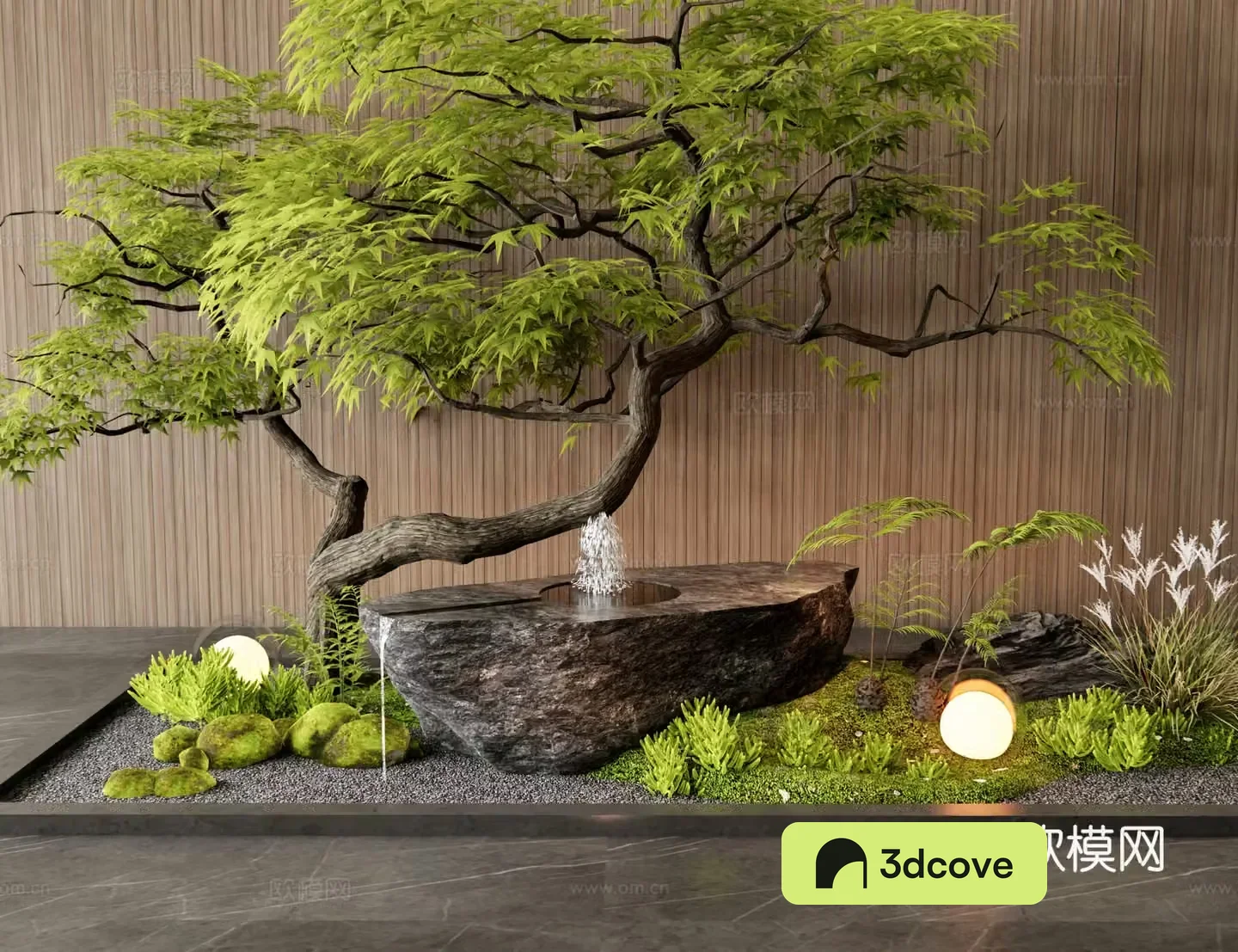 New Chinese waterscape water bowl flowing water ornament stone mortar waterscape moss feather maple plant pile