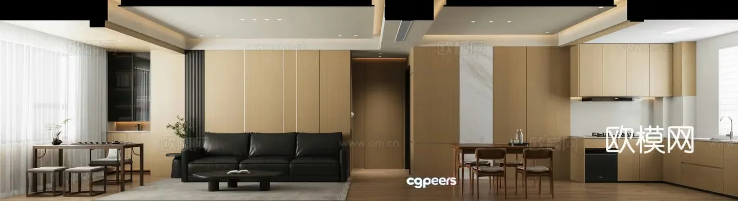 Modern log living and dining room 3d model