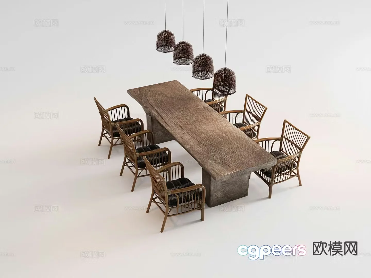 Wabi-sabi style dining table and chairs 3d model