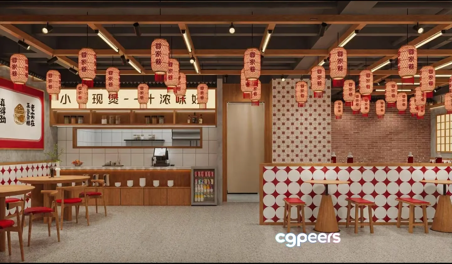 A Restaurant With Red And White Decorations 3D Model – 6557 – VRAY Render