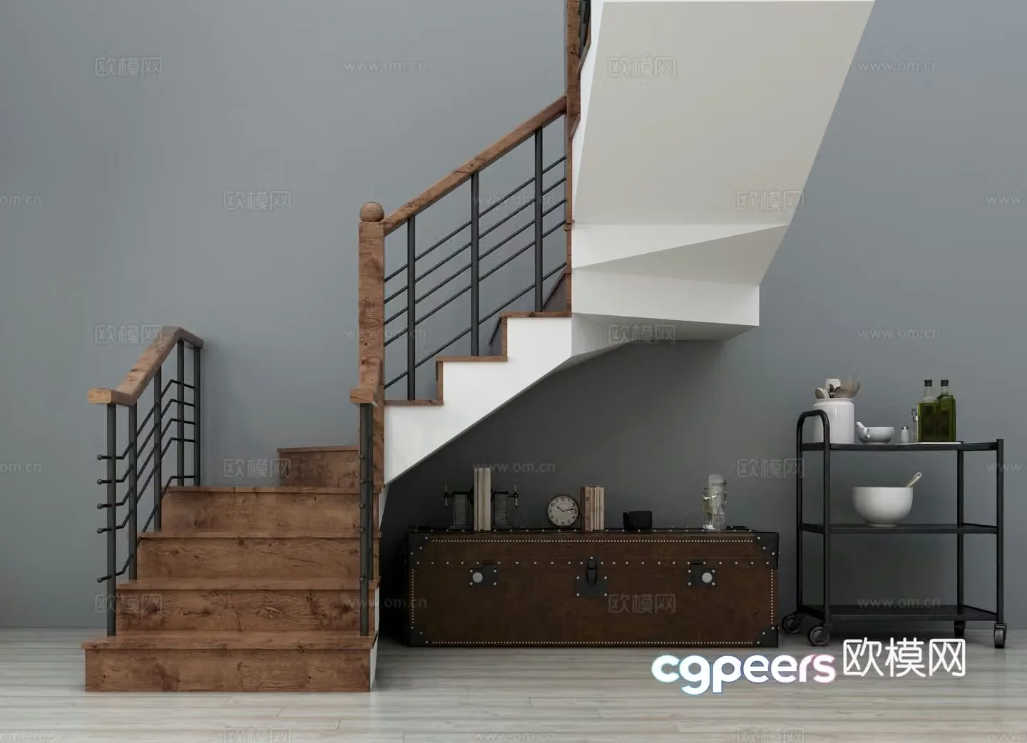 Industrial style stair handrail TV cabinet rack iron staircase iron decorative rack wood 3d model