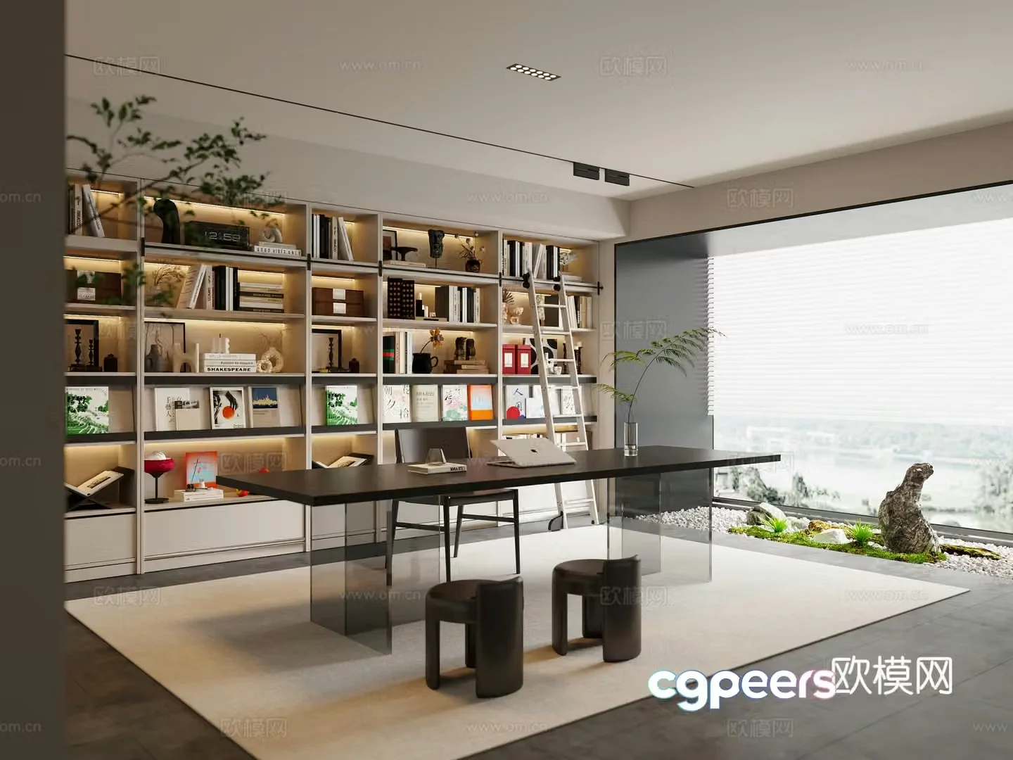 Modern study bookcase desk and chair combination 3D model