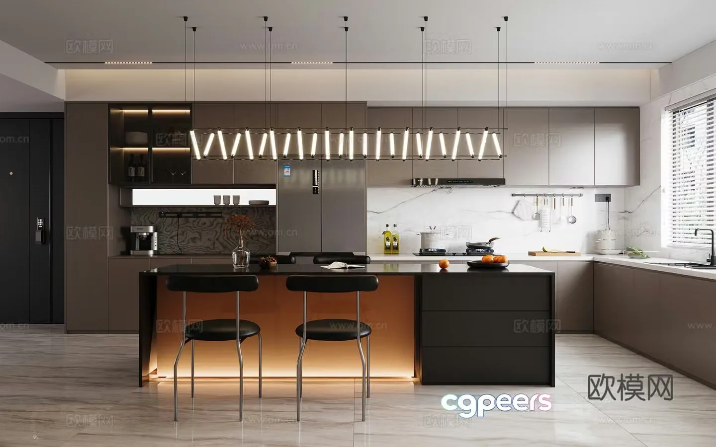 Modern island restaurant Long stool chandelier Side range hood Refrigerator Security door 3D model