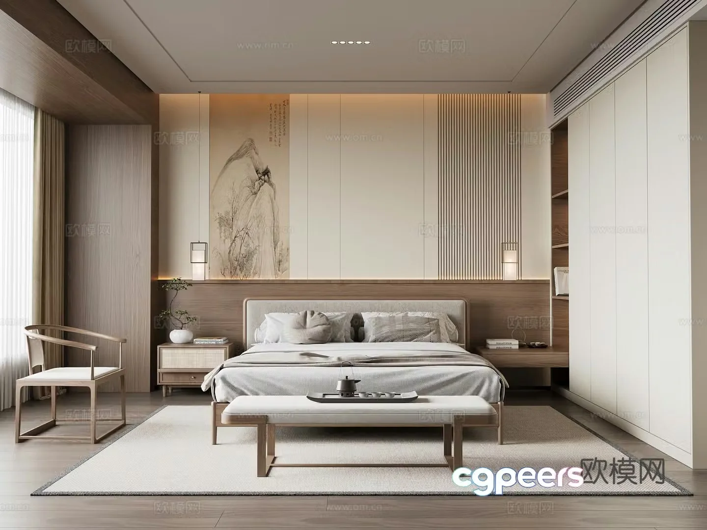 New Chinese Song style bedroom double bed wardrobe bed chandeliers 3d model