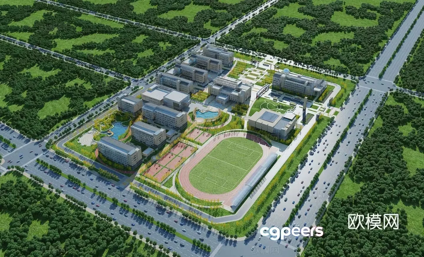 Aerial view 3d model of modern school building