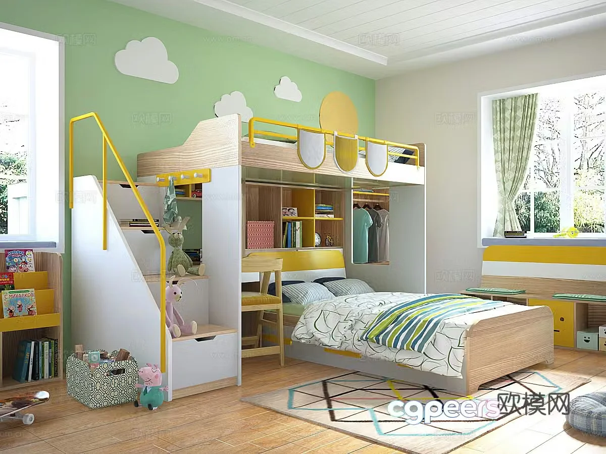 Modern children’s bed bunk bed 3d model