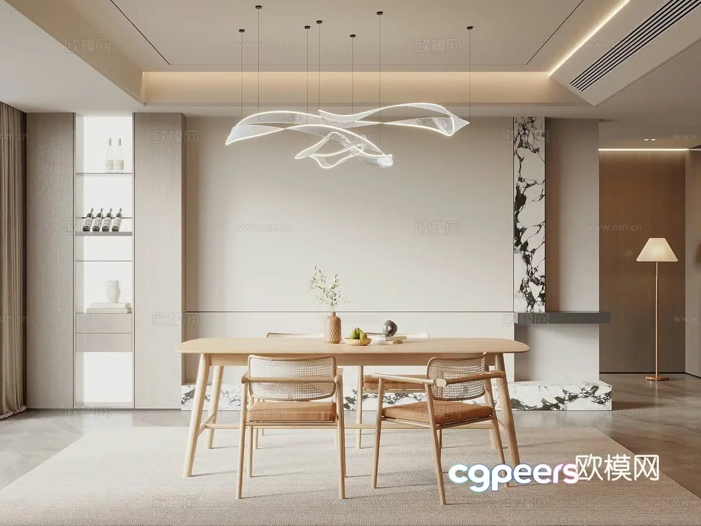 Modern log style restaurant dining table and chair combination sideboard wine cabinet art chandeliers 3D model
