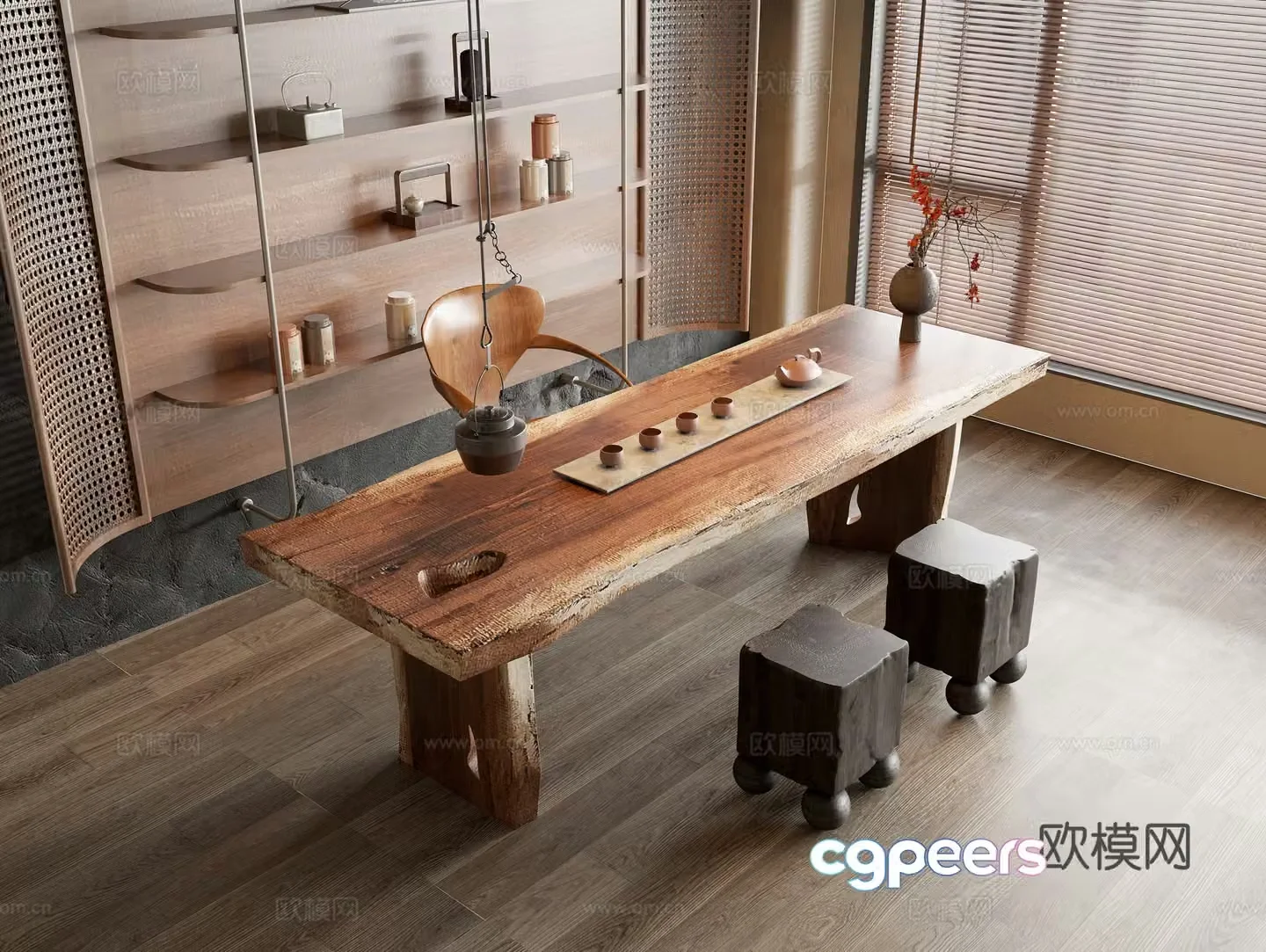 Solid wood tea table Solid wood single chair Solid wood square stool Solid wood decorative rack Tea cabinet 3D model