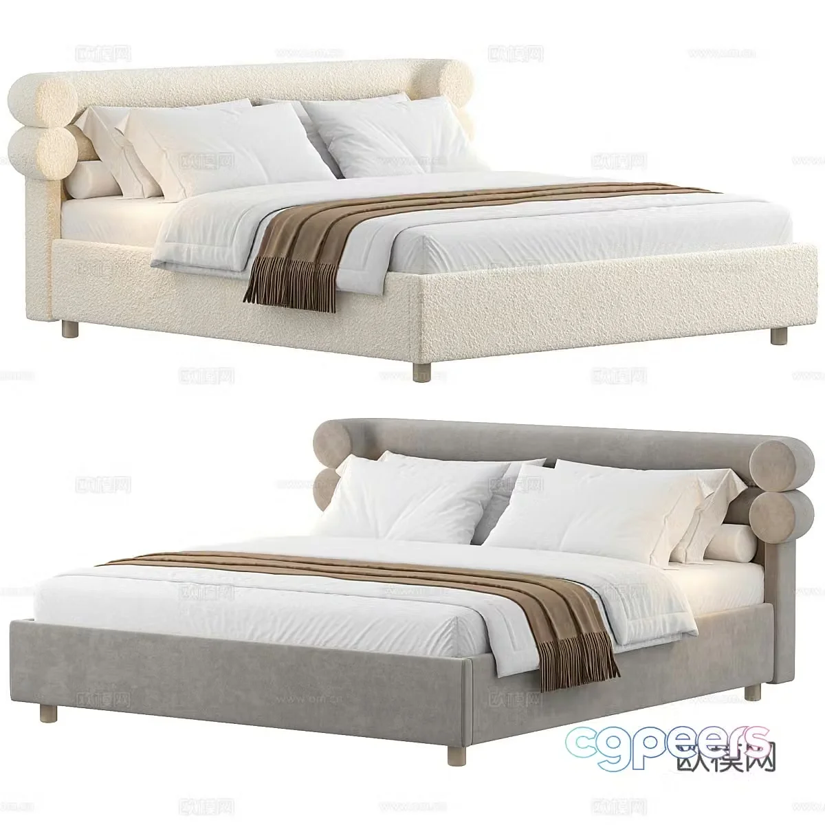 Creamy style double bed B&B double bed Hotel double bed Fabric double bed Bedding Tofu 3D model
