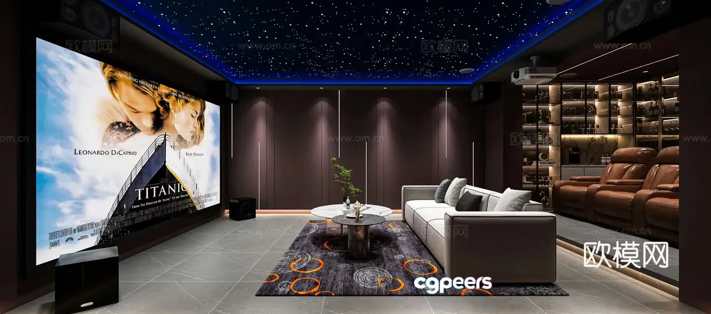 Modern audio and video studio multiplayer sofa wine cabinet starry sky top audio 3D model