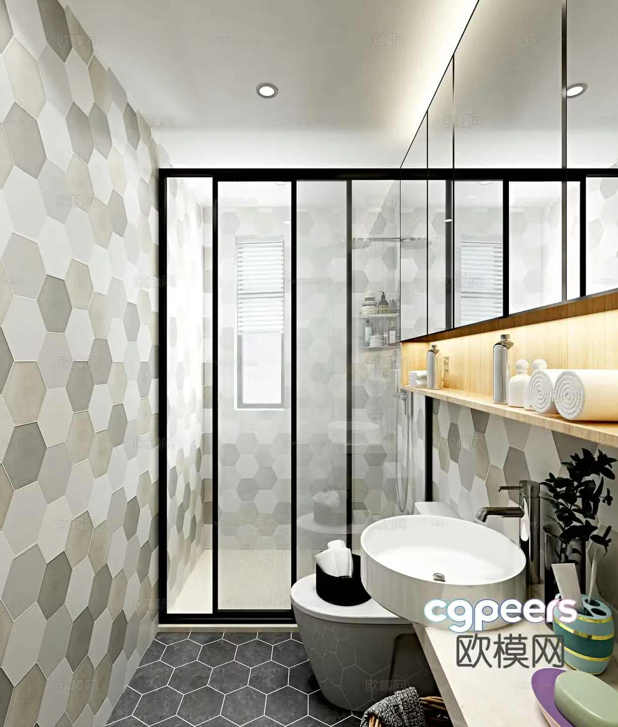 Nordic bathroom bathroom mirror toilet wash basin shower cabinet hexagonal tiles 3d model
