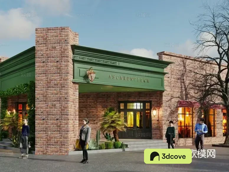 A Building With A Green Sign And A Group Of People In Front Of It