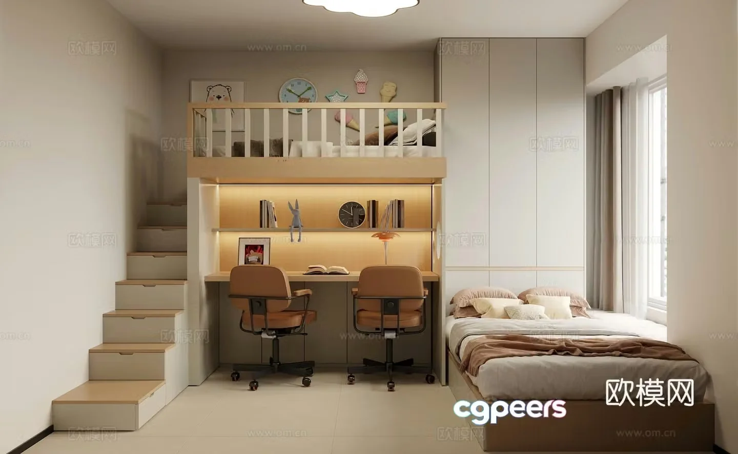 High and Low Bed Children’s Room Bedroom 3D Model
