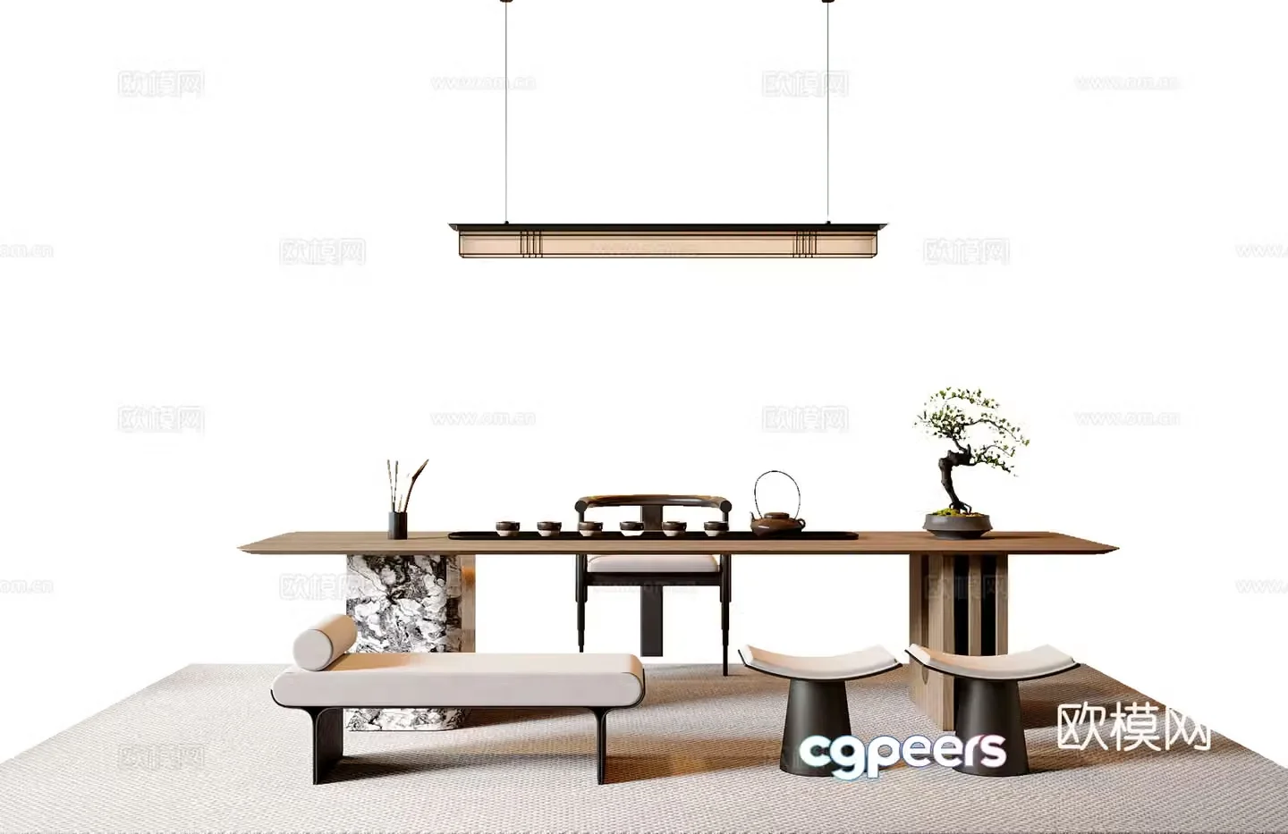 New Chinese style Chinese tea table and chair combination New Chinese style chandeliers Tea room accessories ornaments Tea table Song style 3D model