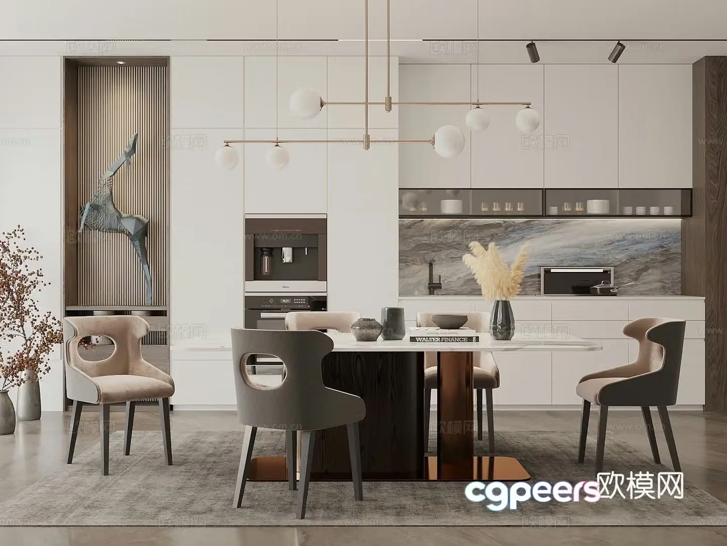 Creamy dining table and chair combination long table sideboard art ornaments restaurant chandeliers 3D model
