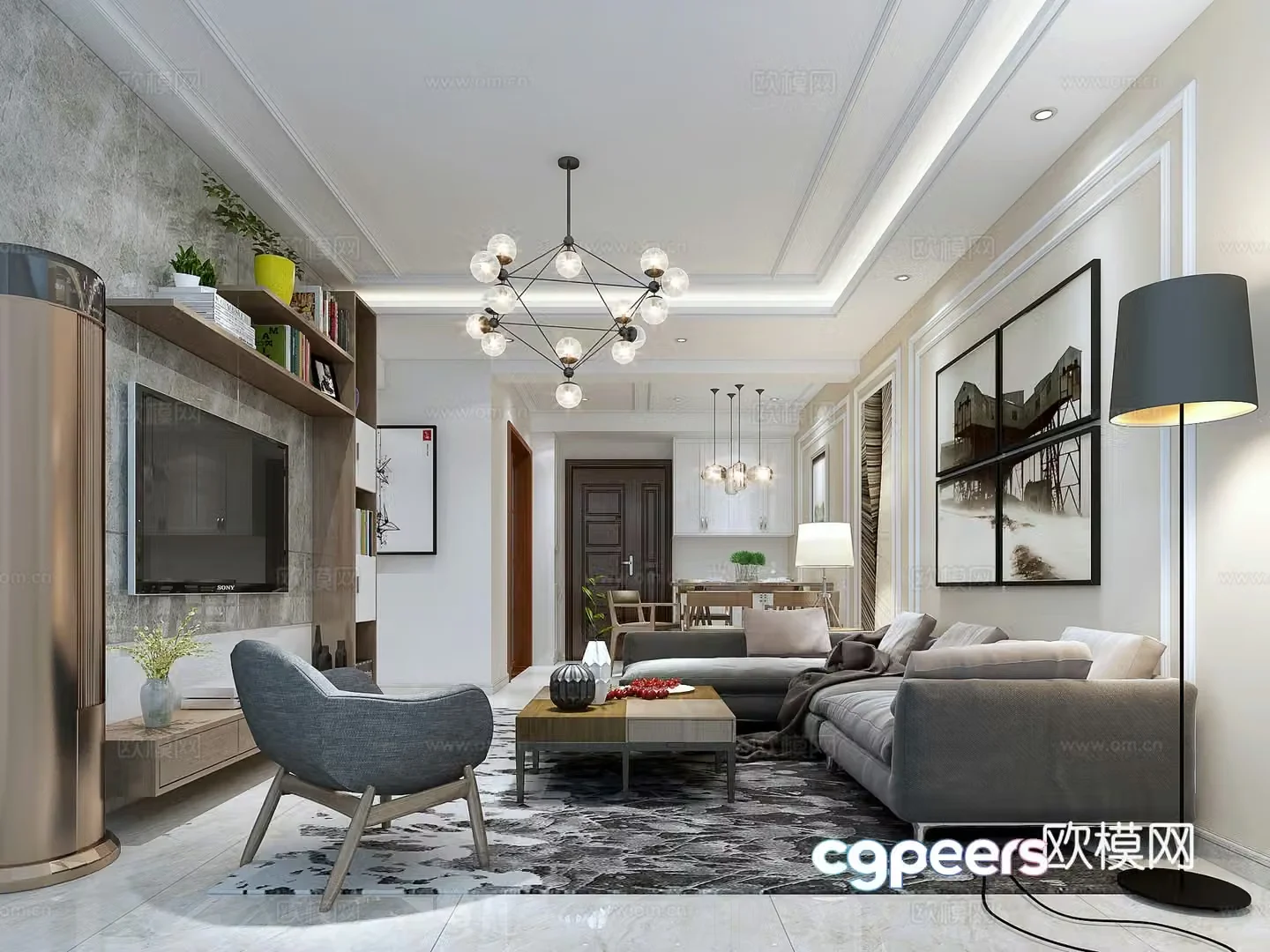 Modern style living and dining room sofa and coffee table dining table and chair chandeliers floor lamp cabinet 3d model