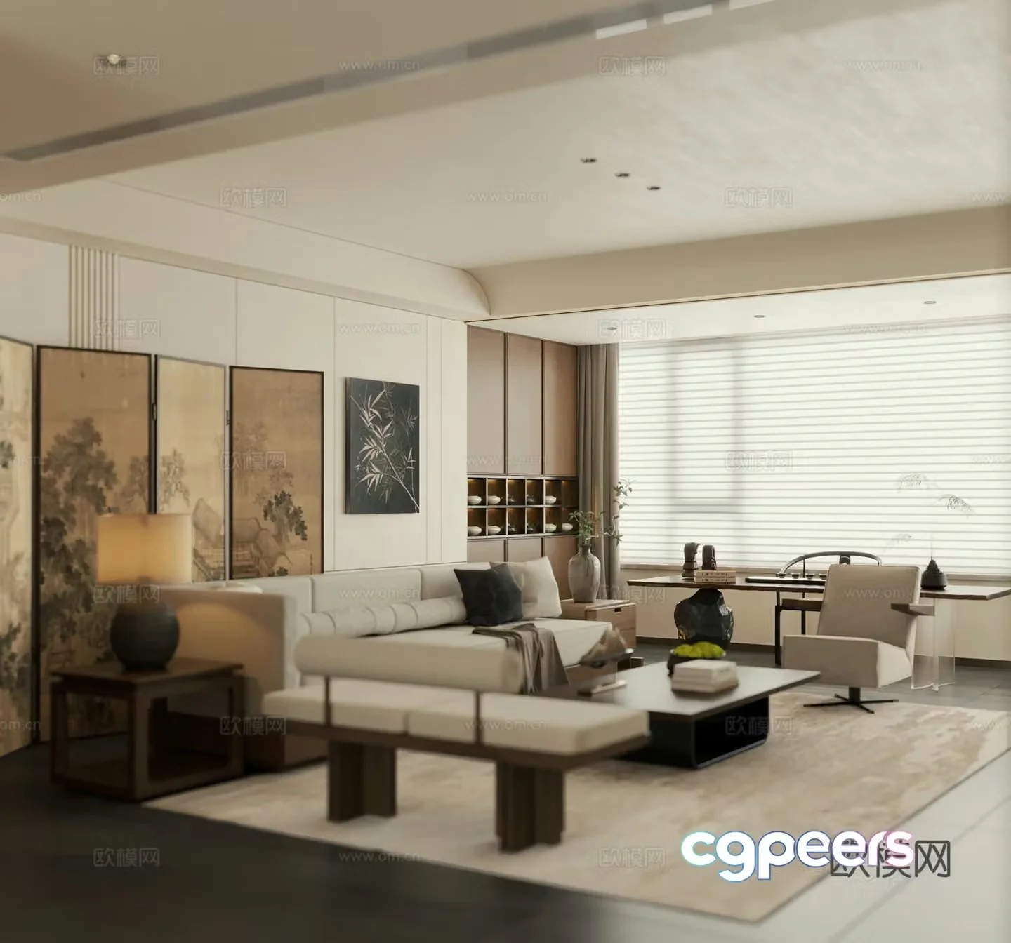 Song style living room New Chinese style living room Horizontal hall Large flat 3D model