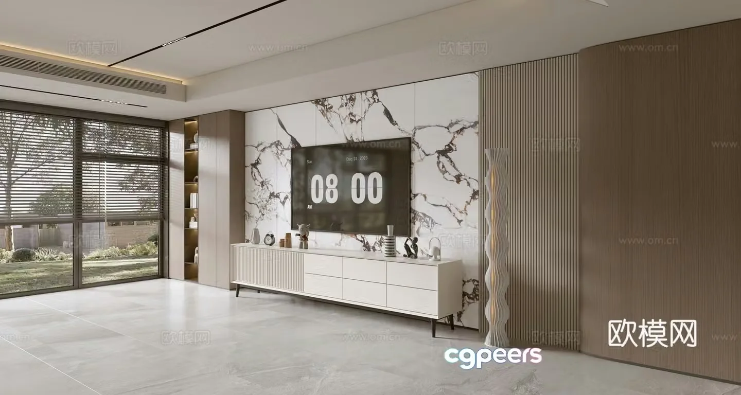 Modern Italian living room light luxury TV background wall full wall TV cabinet marble background wall 3d model