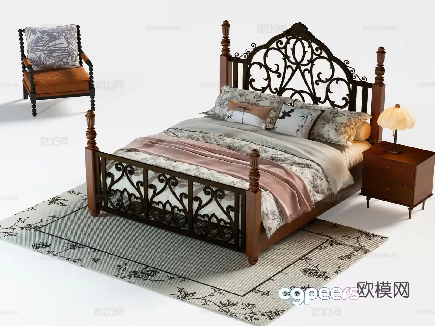American double bed iron bed 3D model