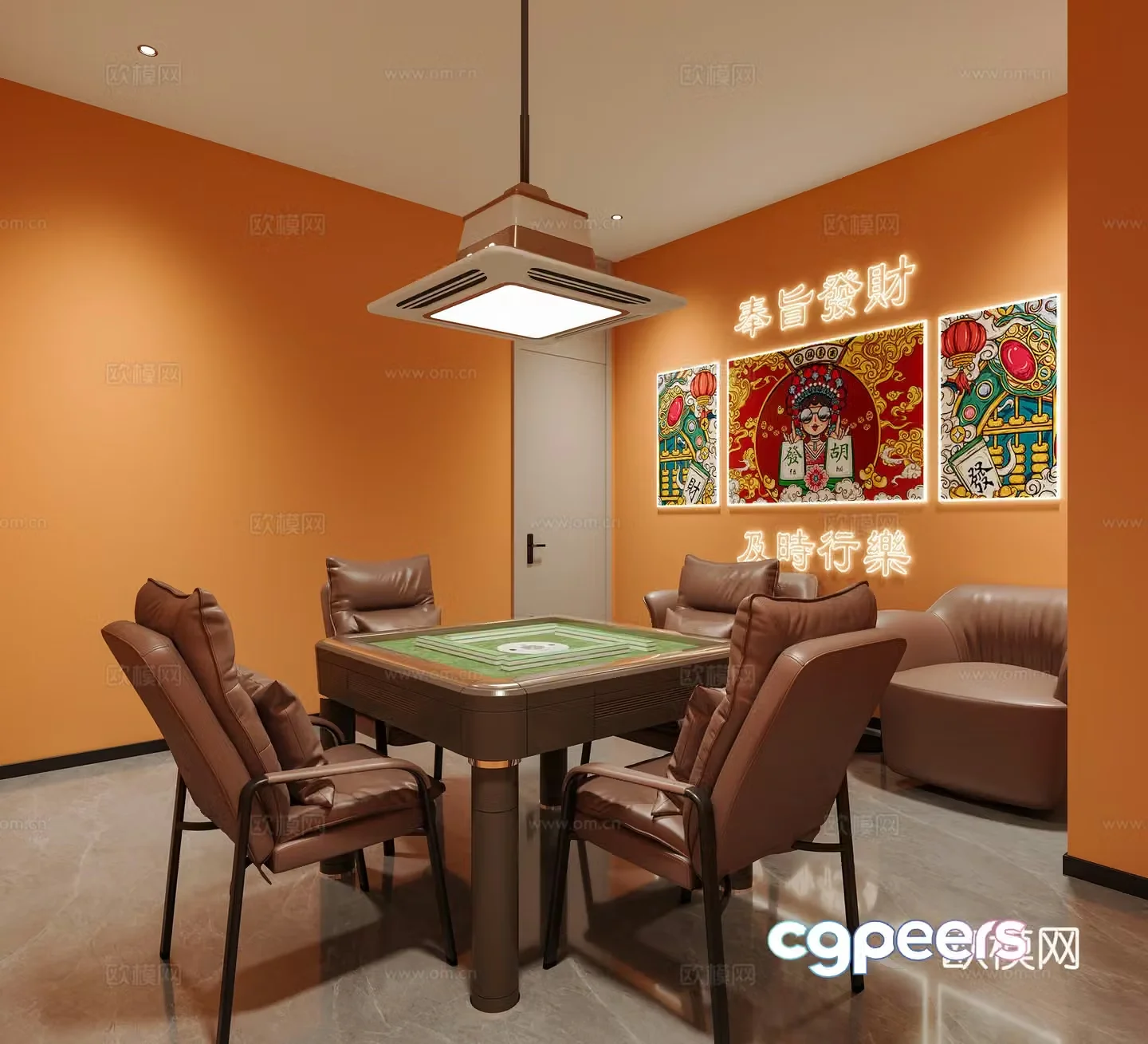 Modern chess and card room Mahjong hall Mahjong table Chess and card table Mahjong hall chandelier Sofa Wine Cabinet 3D Model