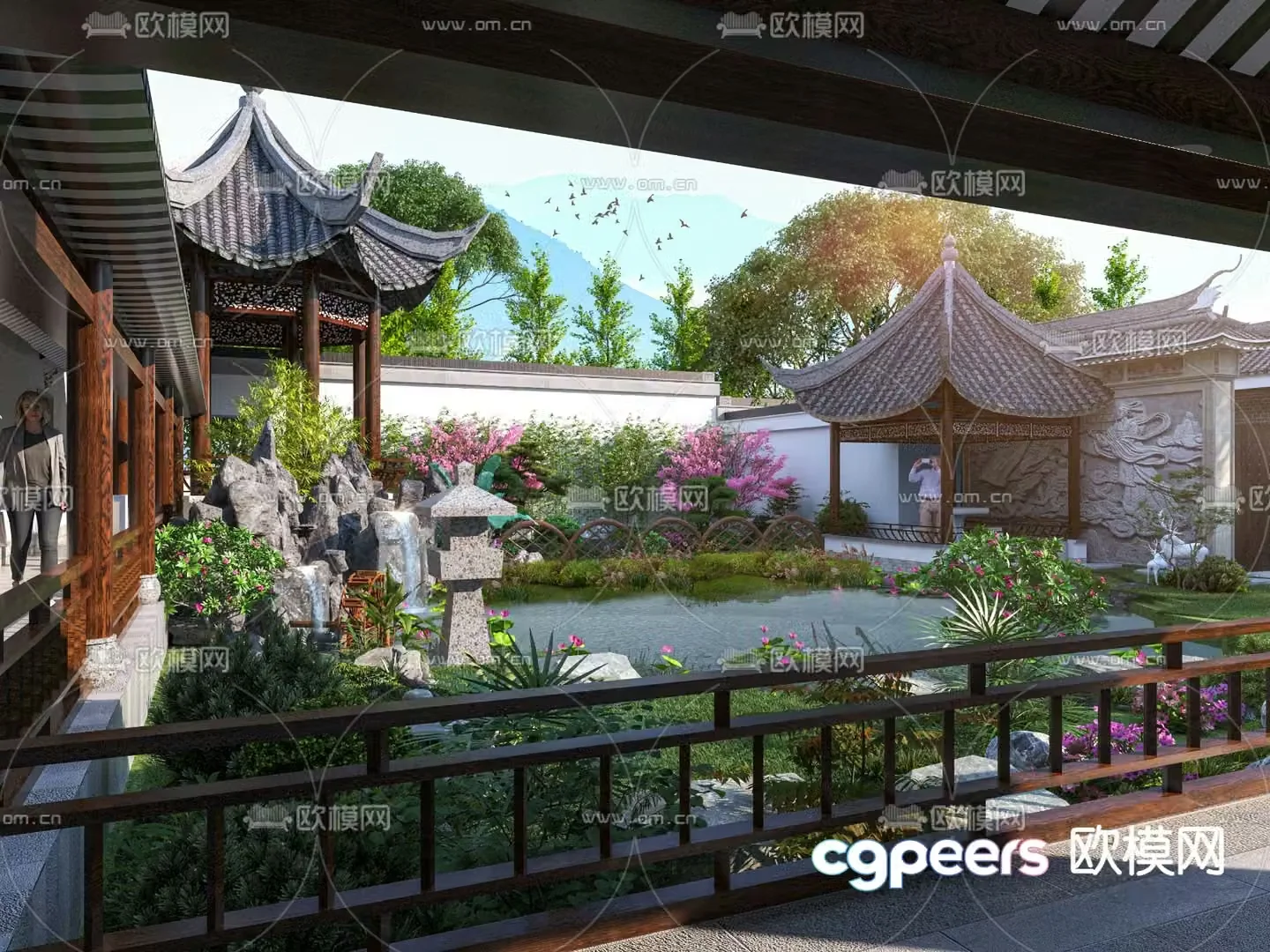 Garden landscape park pavilion ancient building corridor 3D model