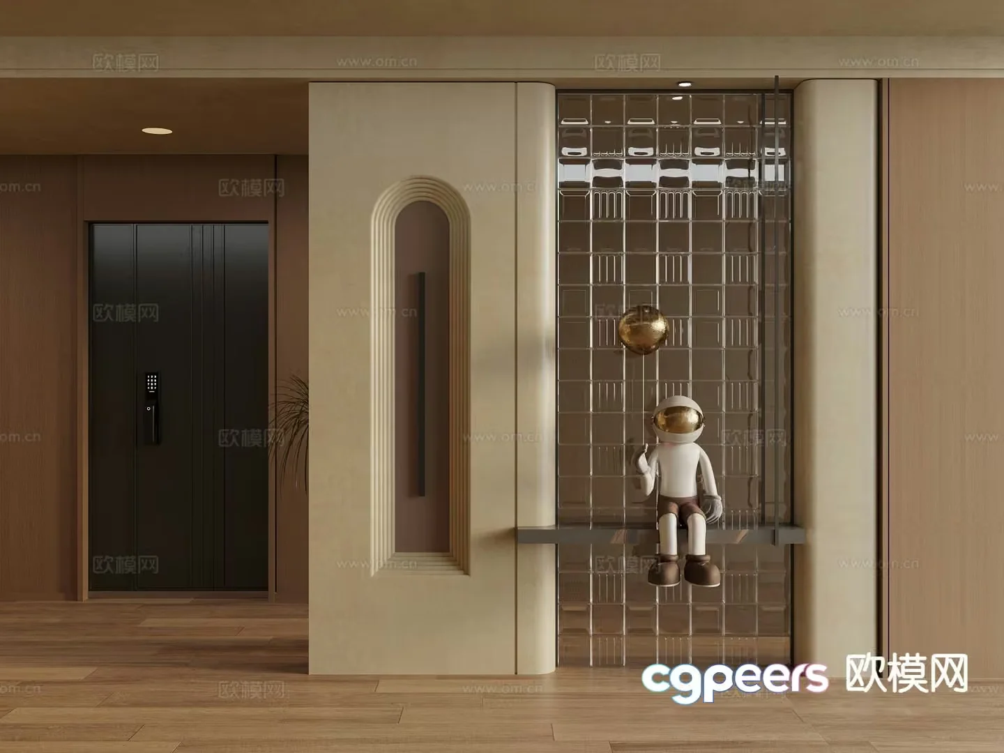 A Modern Elevator With A Decorative Wall 3D Model – 17609 – VRAY Render