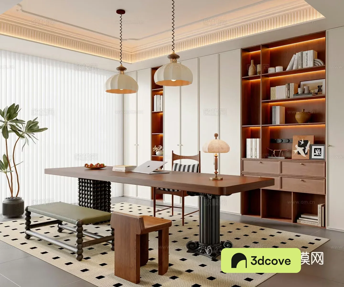 French medieval style study medieval style desk and chair combination chandeliers potted plants medieval style bookcase