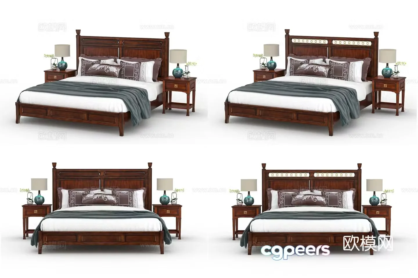 Chinese double bed nightstand ornament combination 3D model