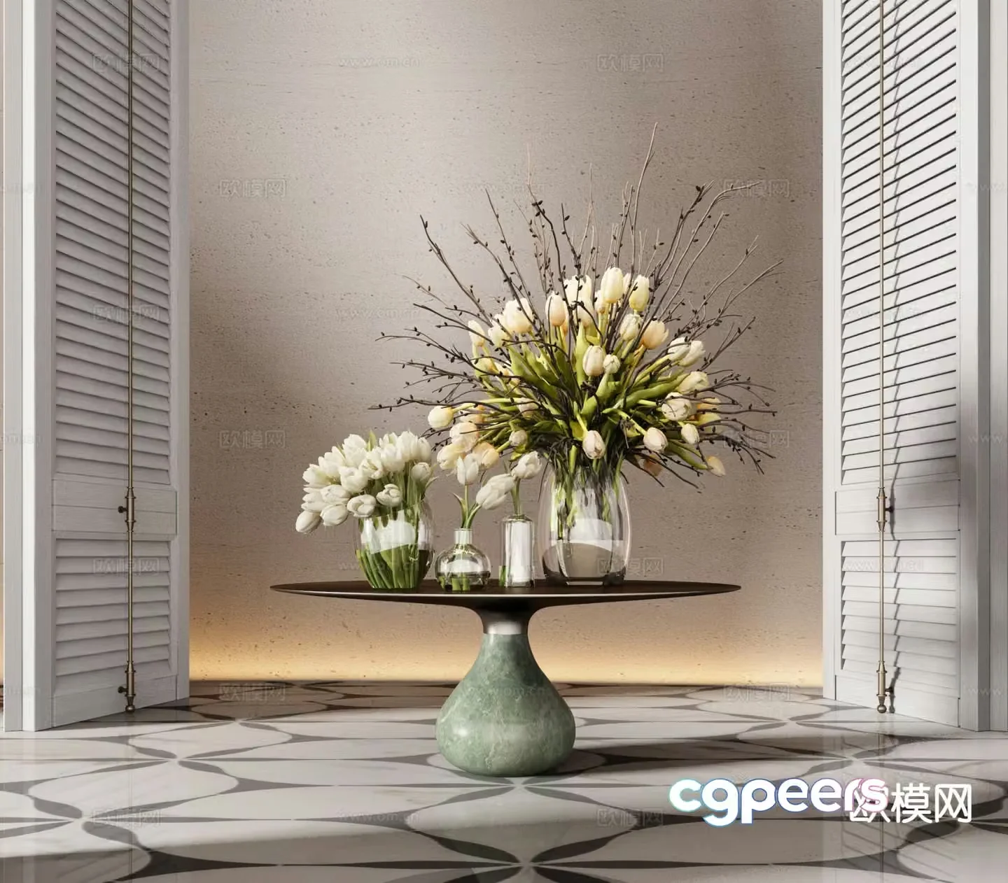 Modern hotel end view deck floral arrangement vase 3d model