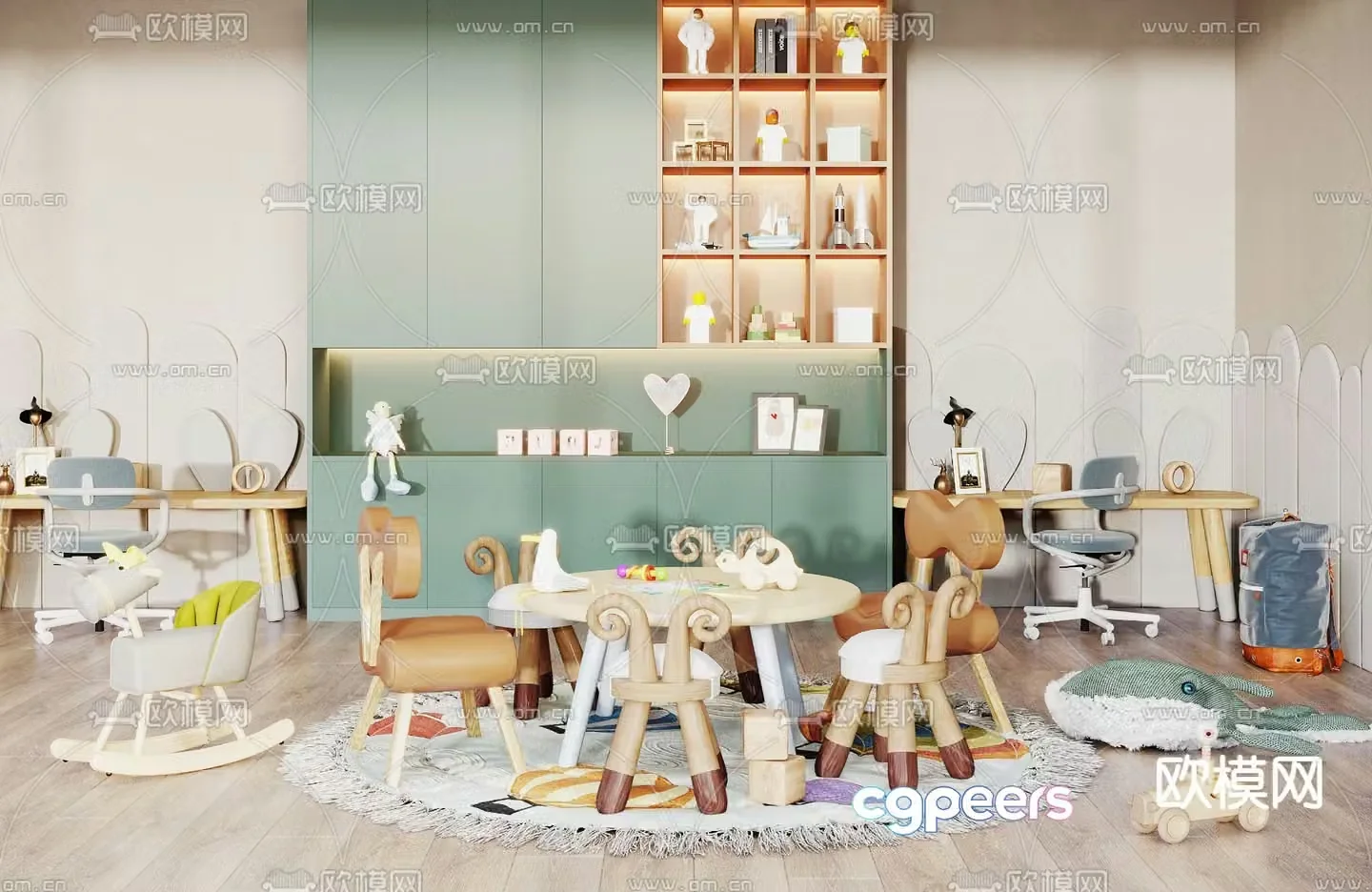 Modern solid wood children’s table and chair 3d model