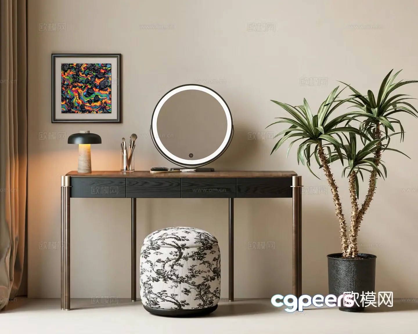 Modern medieval dressing table medieval green plants dressing chair makeup mirror makeup table makeup stool combination medieval 3D model