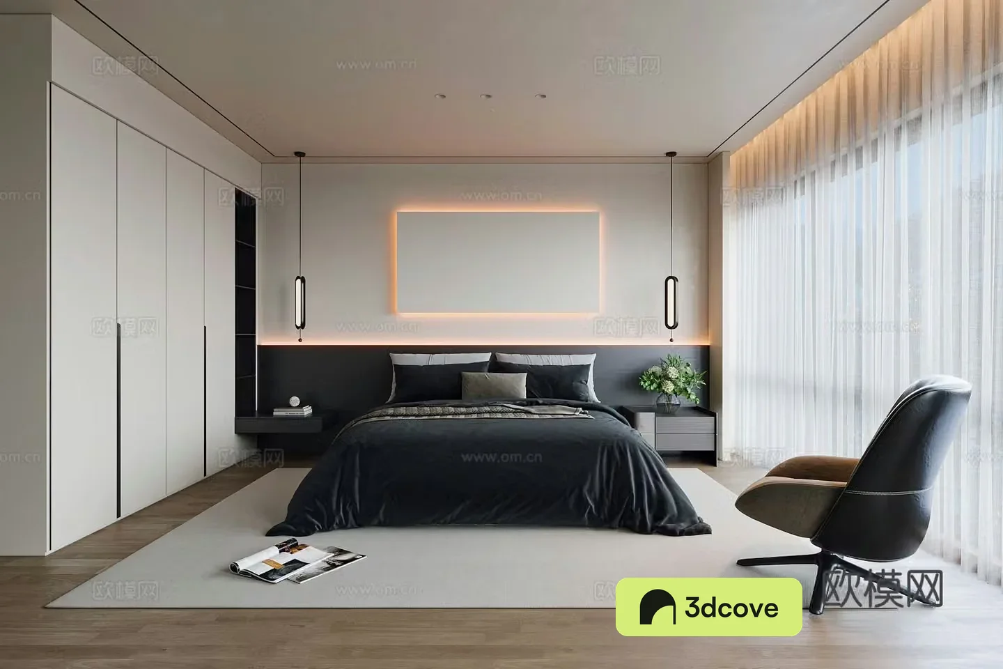 Modern bedroom black and white gray bedroom