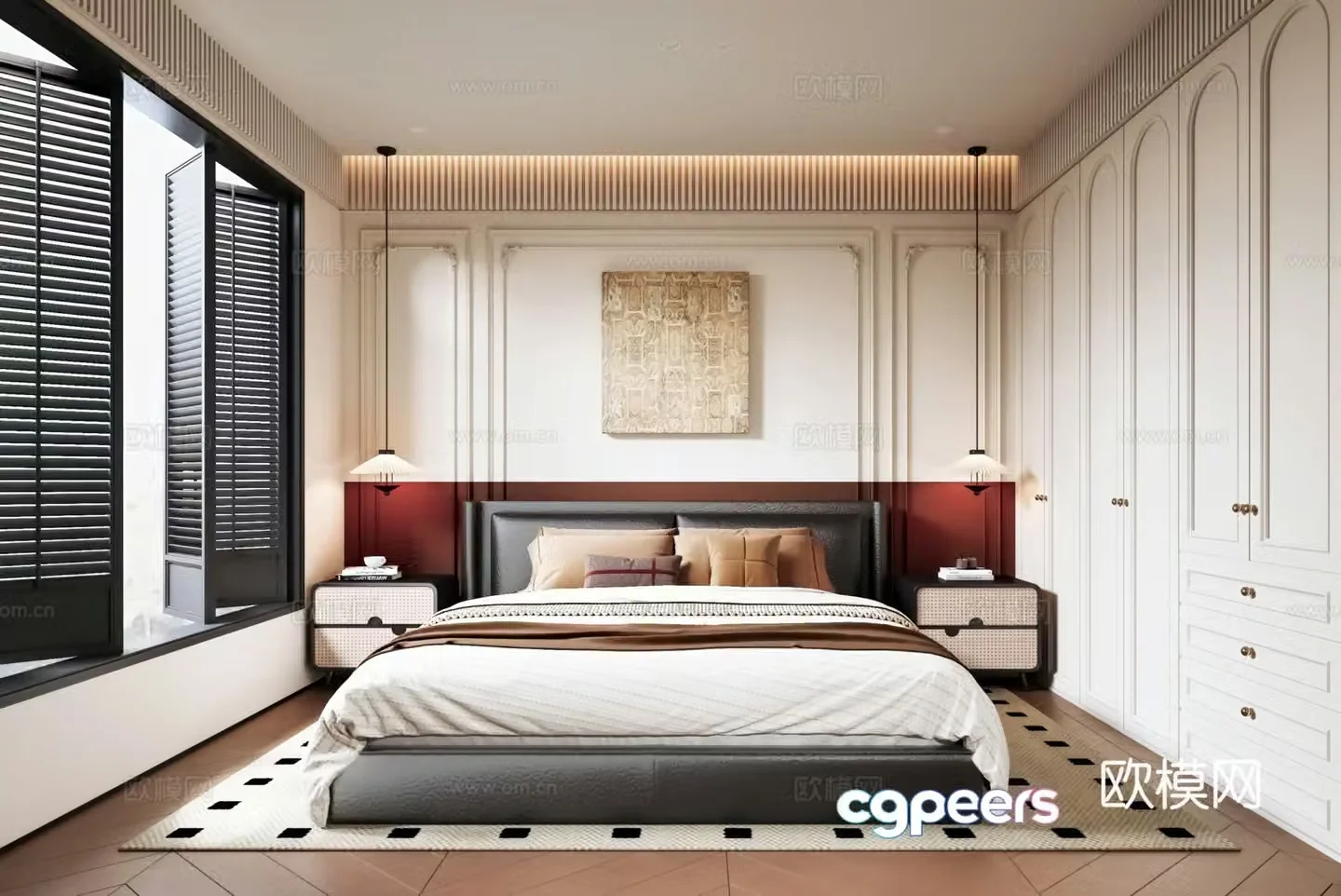 French modern medieval bedroom background wall French wardrobe double bed nightstand leather bed 3d model