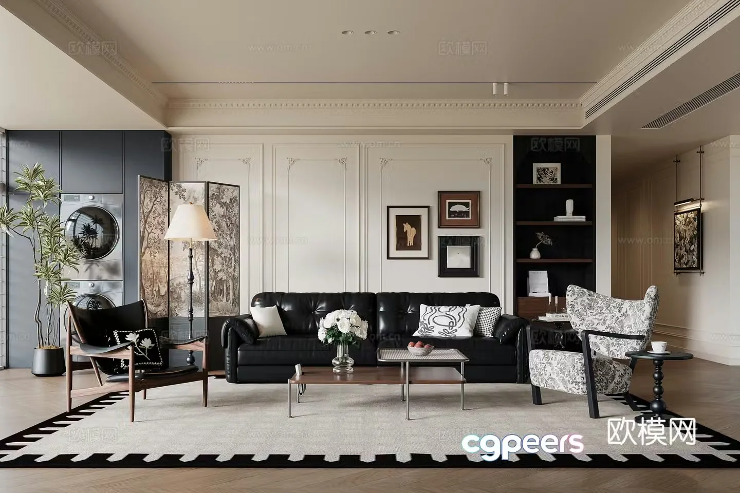 French medieval living room sofa coffee table leisure chair painting floor lamp 3D model