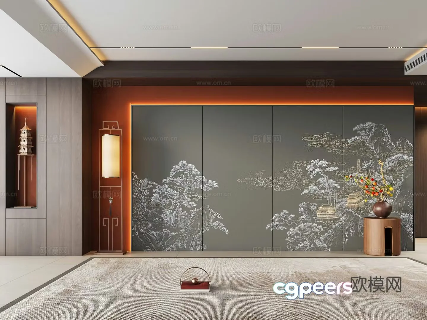 Zen new Chinese style living room sofa background wall 3d model