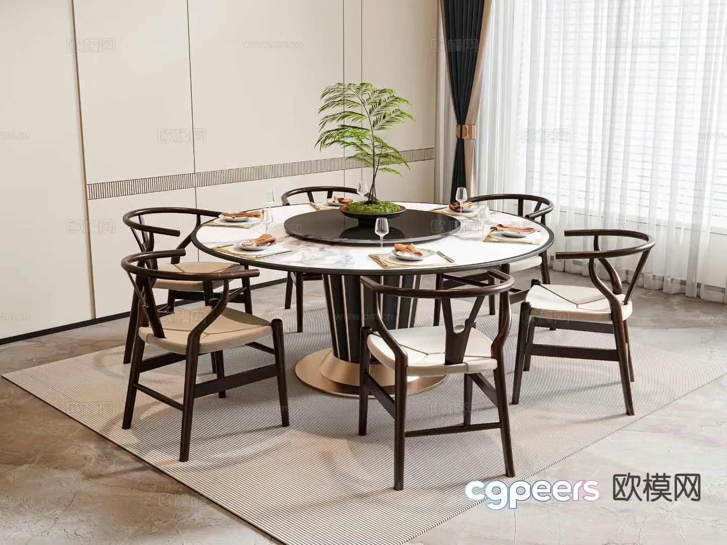 New Chinese style dining table and chairs round dining table 3d model