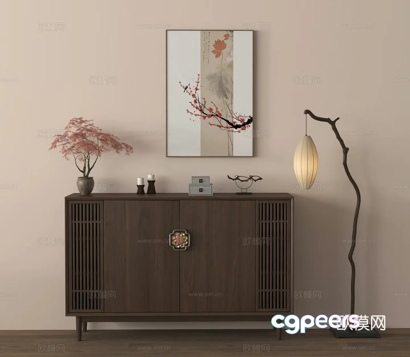 Entrance cabinet chest of drawers side cabinet floor lamp hanging painting floral vase ornament 3D model
