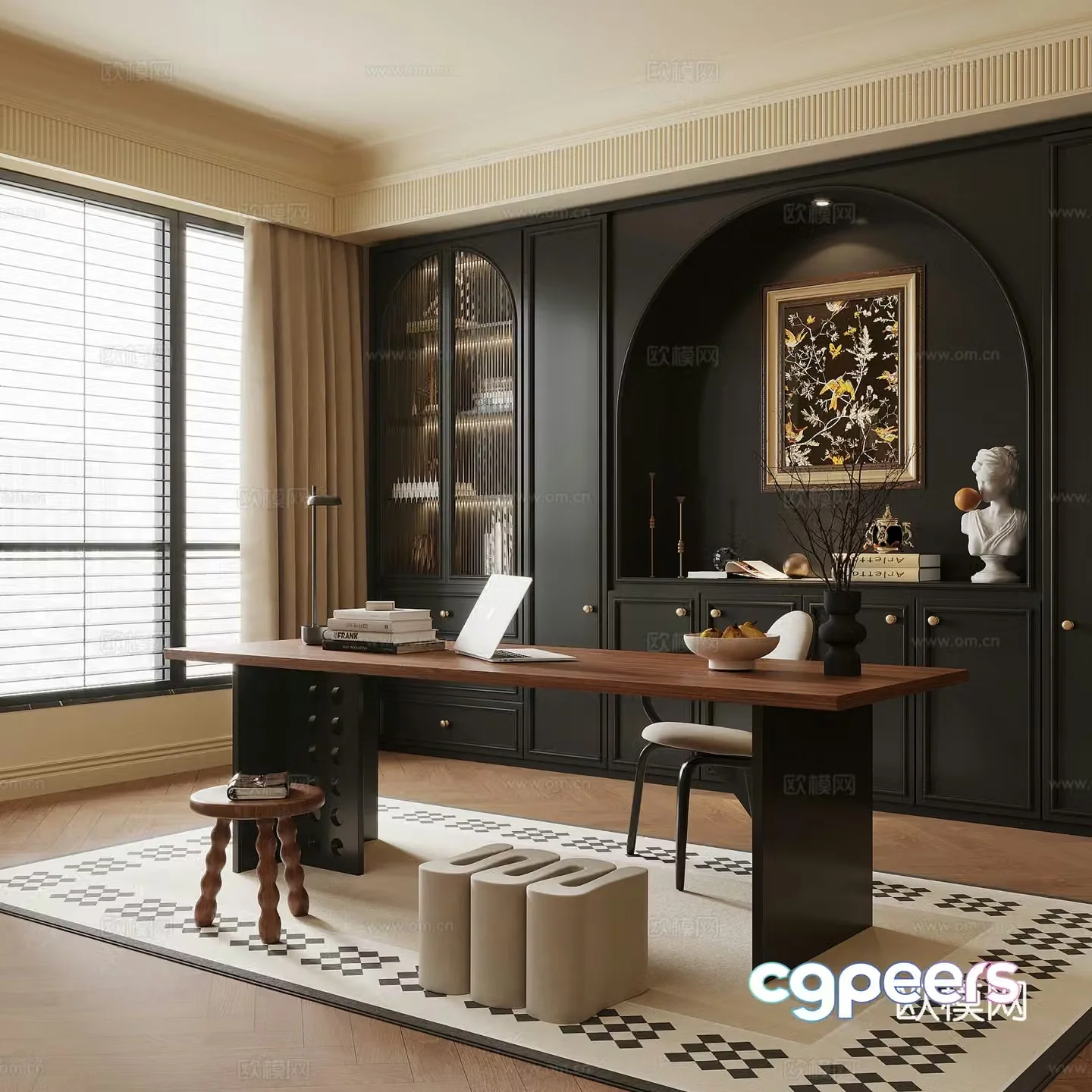 French medieval style study bookcase desk and chair 3D model