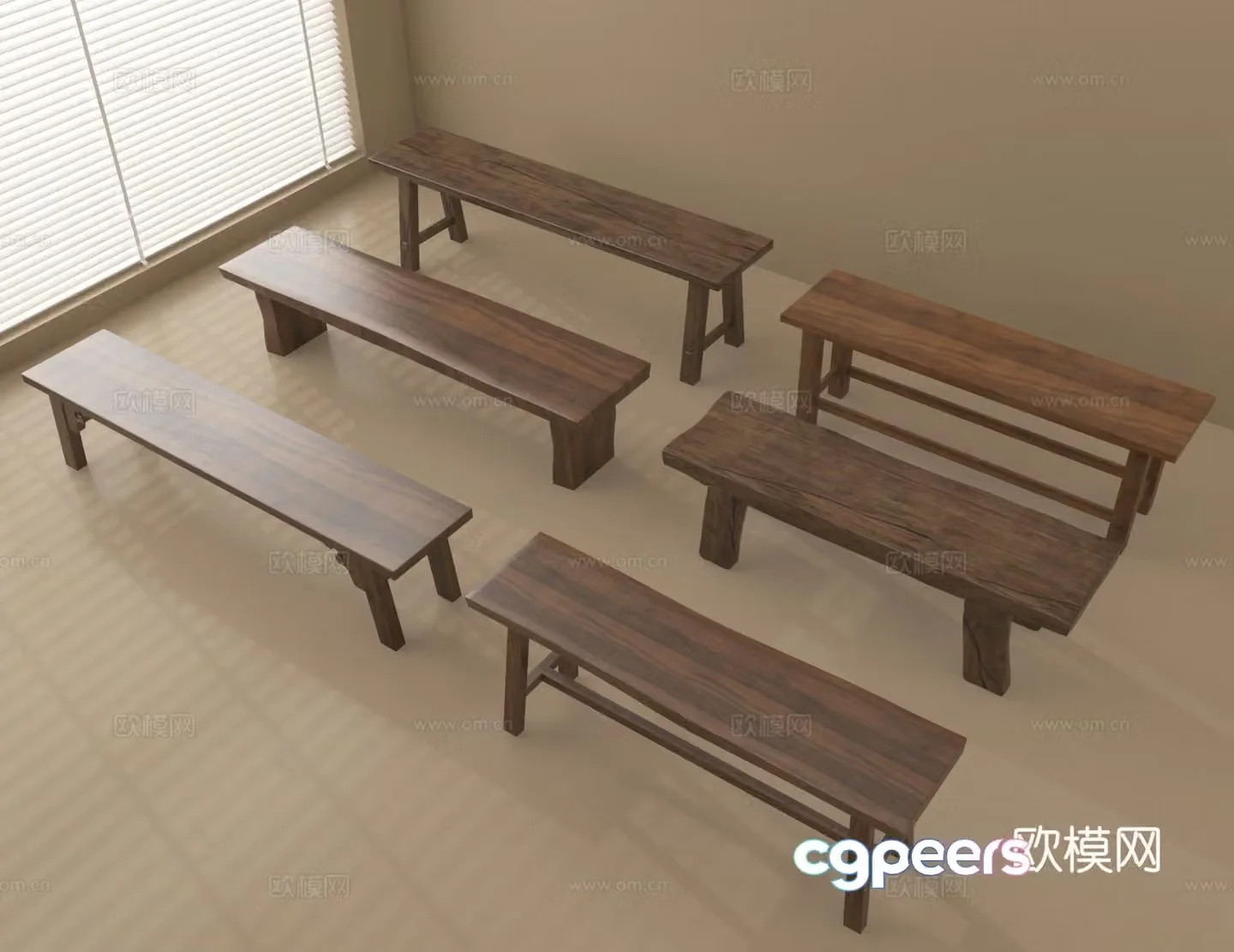 Long wooden stool solid wood stool bench stool 3d model