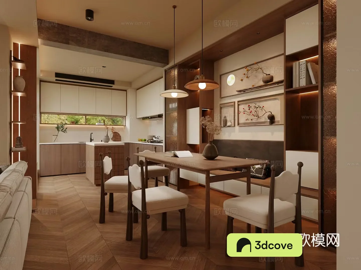 Chinese restaurant dining table and chair combination open kitchen card seat hanging painting