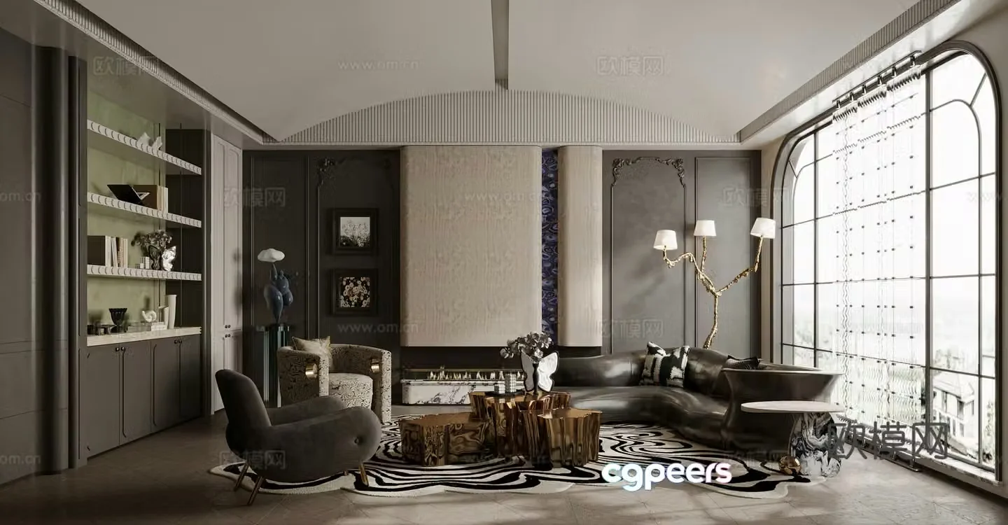 French living room sofa coffee table combination single sofa curved sofa side table 3D model