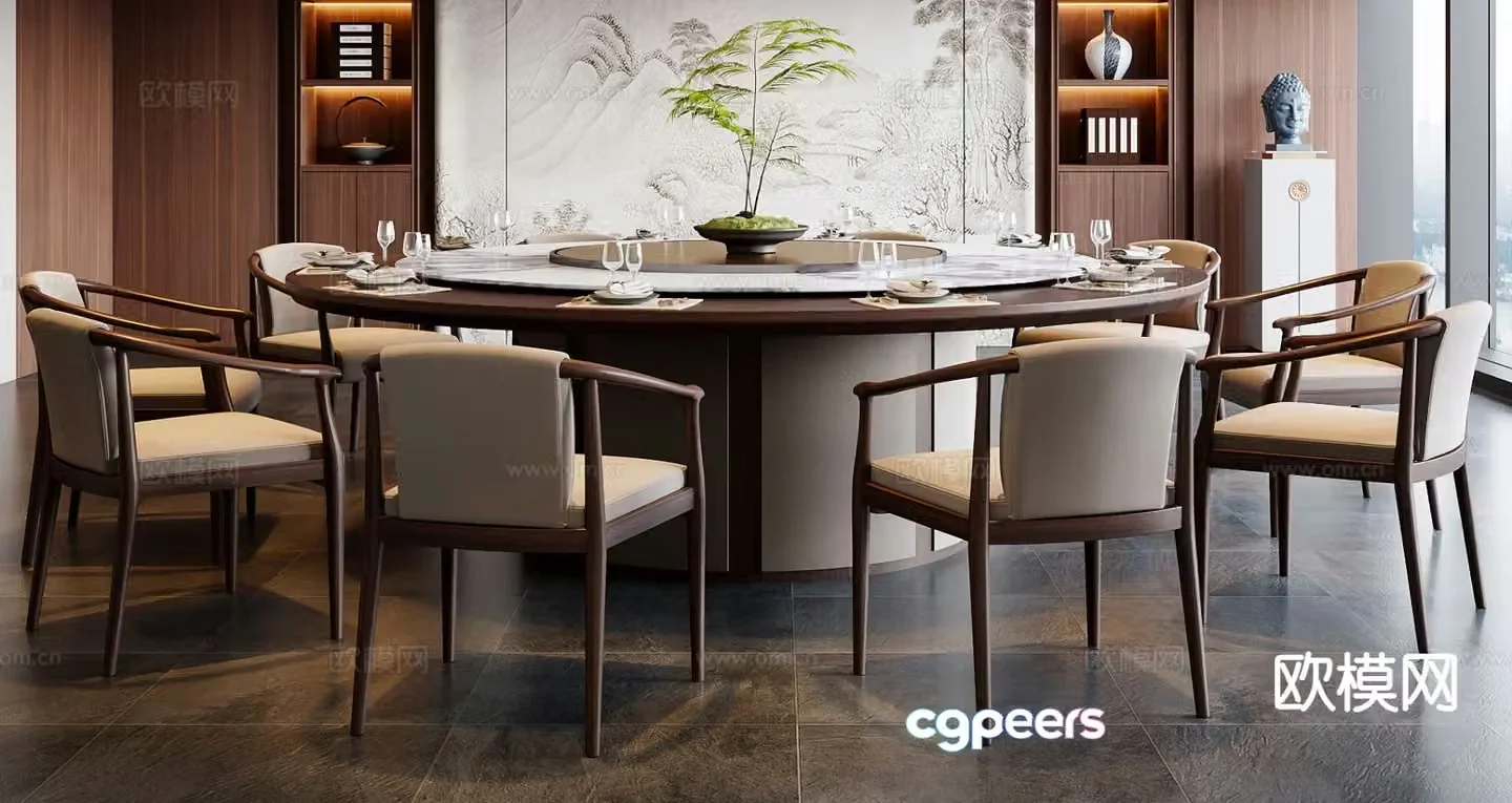 New Chinese style round dining table and chairs 3d model