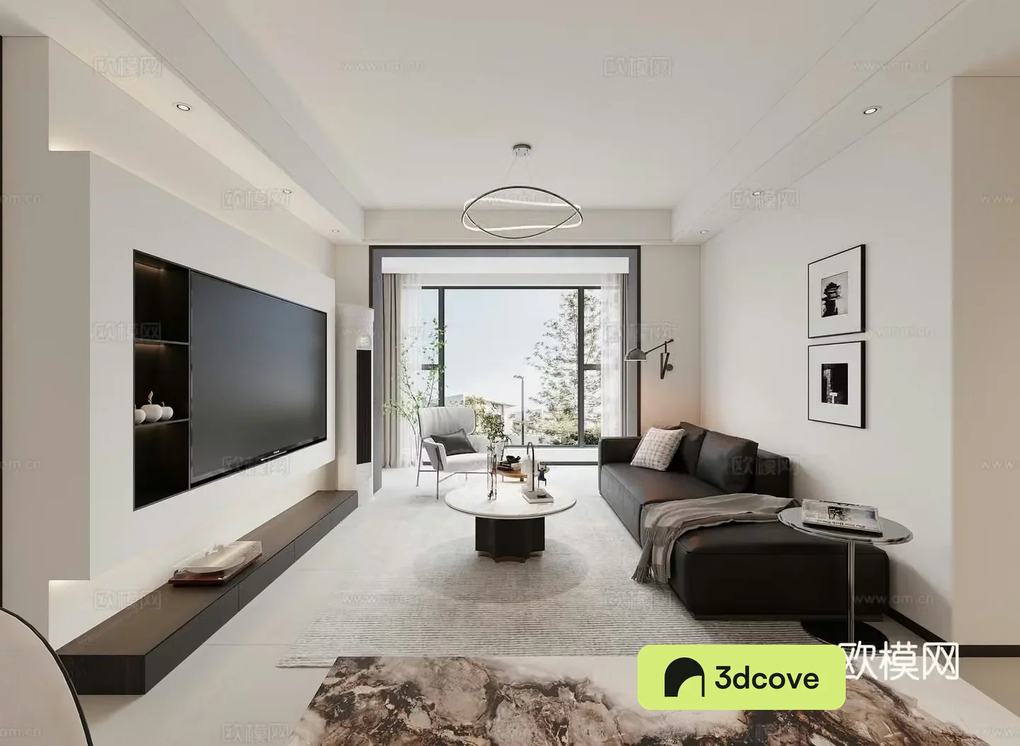 Black white and gray living and dining room kitchen