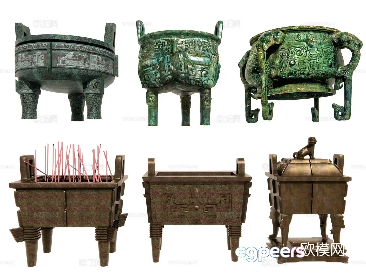 Chinese bronze tripod tripod round tripod square tripod triangle tripod brass tripod incense burner bronze 3D model