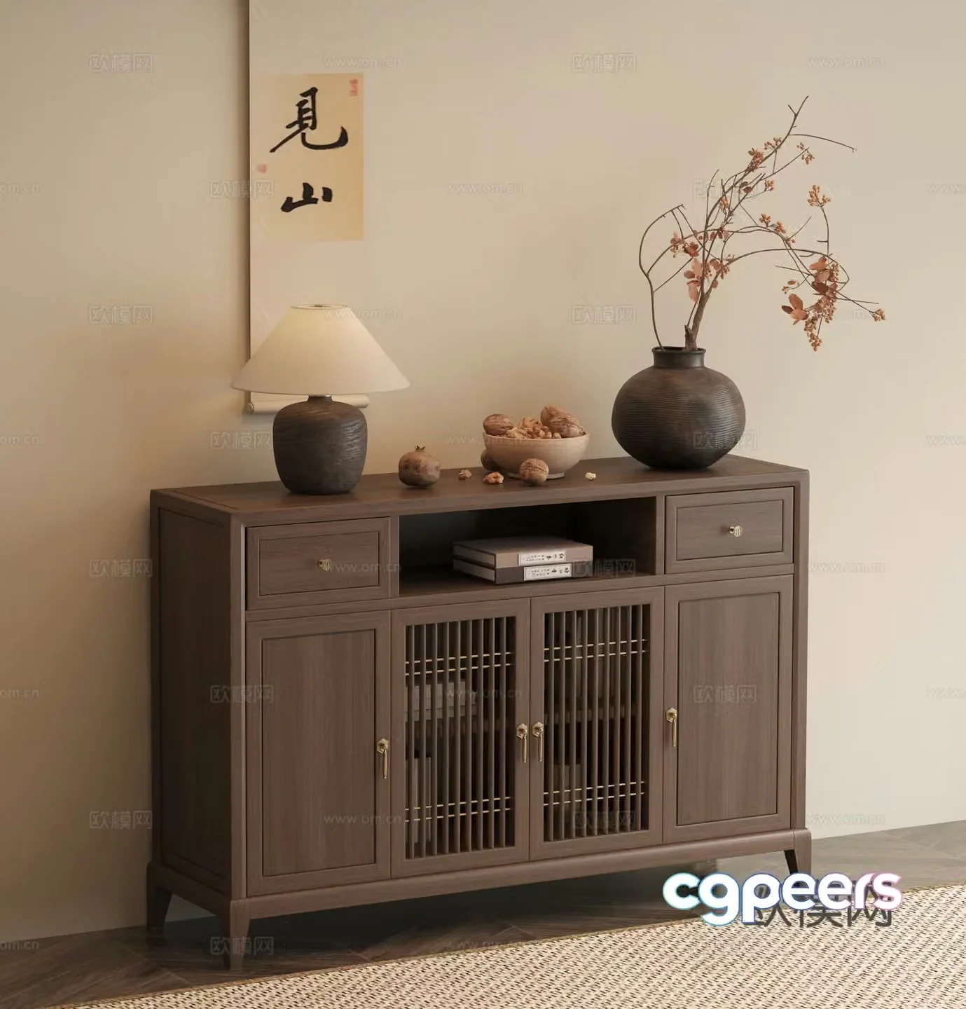 New Chinese style side cabinet hanging painting dry branch bonsai desk lamp 3D model