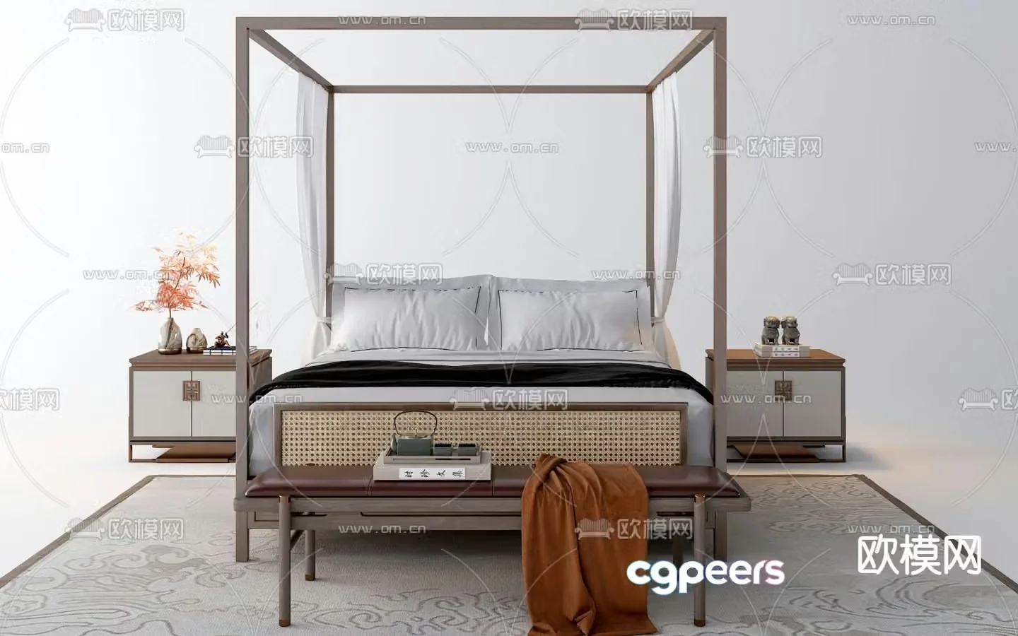 New Chinese style double bed 3d model