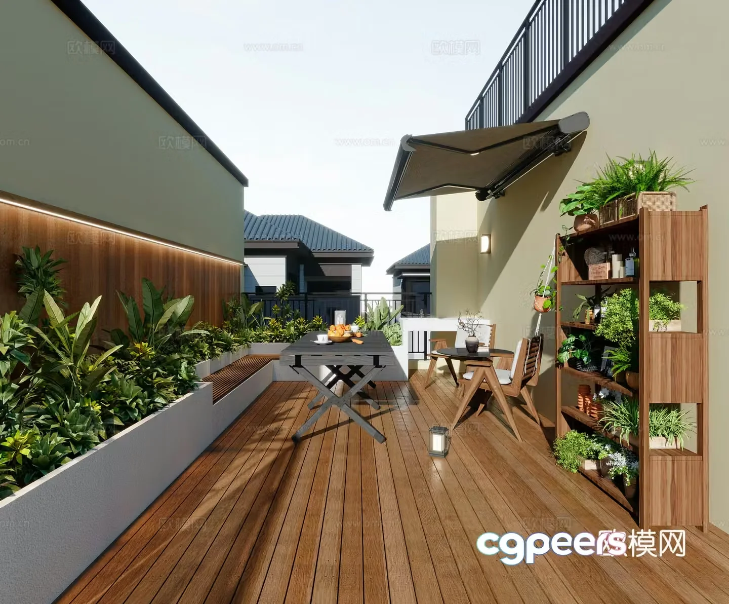 Modern roof garden potted plants retractable awning awning flowers plants and trees outdoor garden 3d model