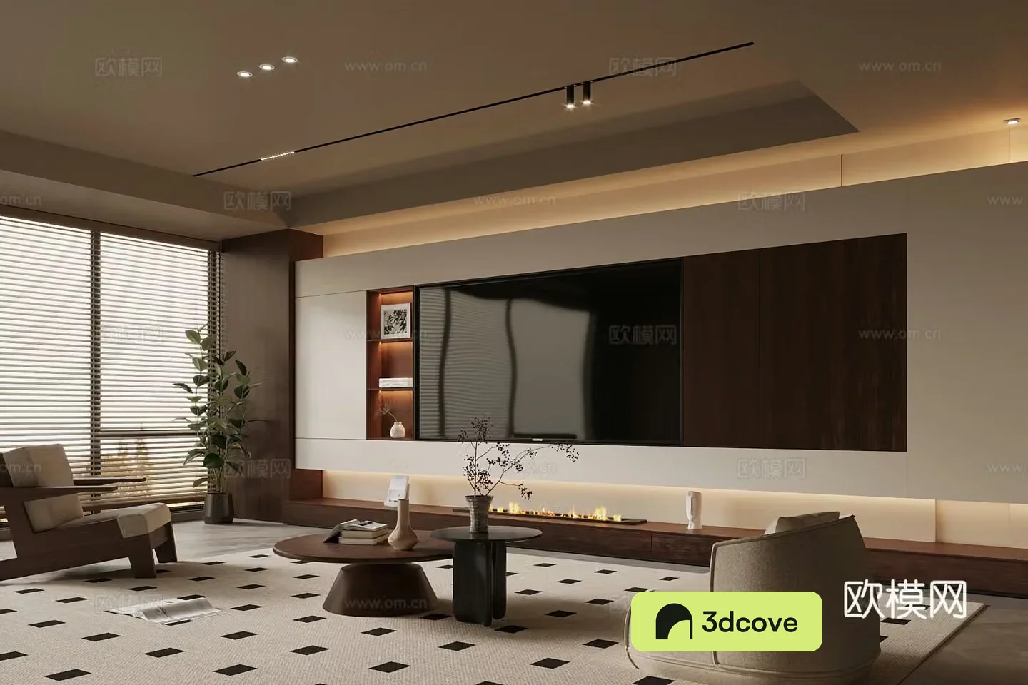 Middle style living room TV background wall sofa coffee table combination 3D model